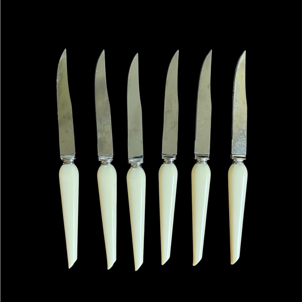Vintage MCM Sheffield Warwick Knives, White Lucite Angled Handles, Set Of 6